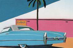 a painting of a blue car parked in front of a pink building with a palm tree