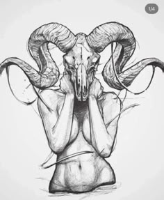 a drawing of a ram with long horns on it's head and hands over his face