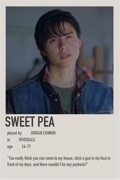 the poster for sweet pea is displayed in front of a man's face and chest