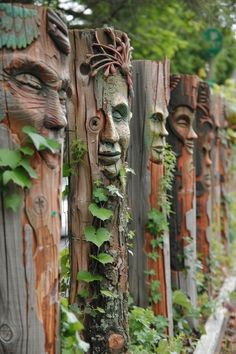 several carved wooden faces and vines growing on the side of a fence in a garden