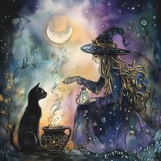 a painting of a witch and her cat