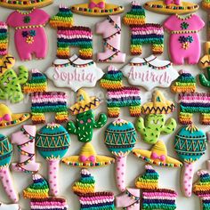 decorated cookies are arranged in the shape of cactuses and mexican hats with name written on them