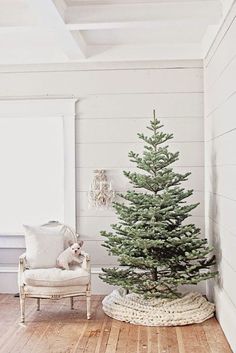 a small christmas tree sitting in a room next to a chair