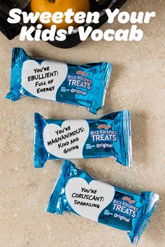 two candy bars with the words sweeten your kids'vocab on them