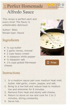 the recipe for perfect homemade alfredo sauce is shown in an email form, and includes instructions to make it