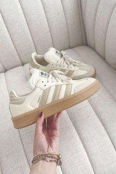 Neutral Everyday Shoes, Beige Shoes Outfit Sneakers, Trendy Women’s Shoes, Shoes Every Girl Should Have, Adidas Beige Sneakers, Women’s Fashion Sneaker, Braid Heatless Curls, Hairstyles With A Crown, Neutral Colors Outfits