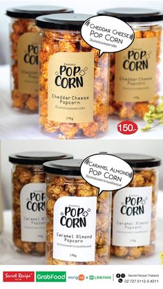 two images show different types of popcorn in jars and on the same page, there is an advertisement for pop corn