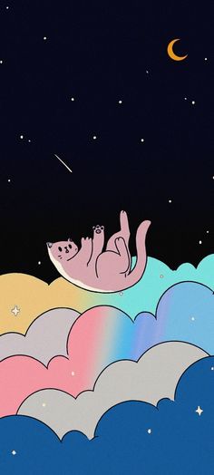 an image of a cat sleeping on the moon in the sky with stars and clouds