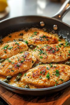 some chicken in a skillet on a wooden cutting board