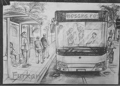 a drawing of people waiting at a bus stop