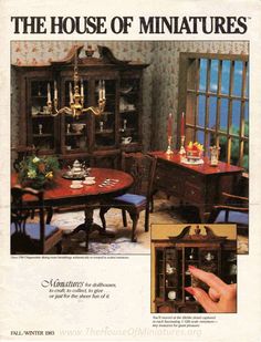 an advertisement for the house of miniatures with furniture and decor items in it's display case