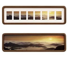 two frames with mountains in the background and clouds below them, each containing different colors