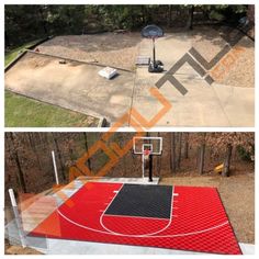 an overhead view of a basketball court and hoop in the middle of a backyard area