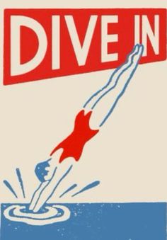 a red and white sign that says dive in with a person falling into the water