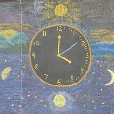 a drawing of a clock with the moon and stars in the night sky above it