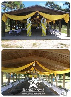 two pictures of a covered picnic area with balloons in the shape of numbers