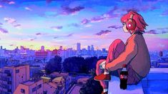 a woman sitting on top of a roof with headphones in her ears looking out at the city