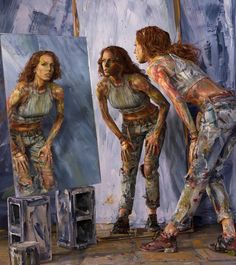 a painting of two women standing in front of a mirror