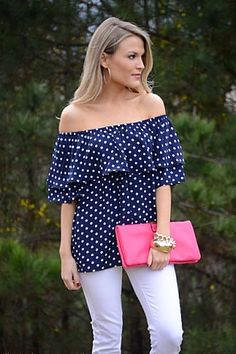 Too Dot To Handle Top :: OFF SHOULDER :: Tops :: The Blue Door Boutique Polka Dot Blouse For Day Out In Summer, Polka Dot Blouse For Summer Day Out, Polka Dot Blouse For A Summer Day Out, Chic Spring Off-shoulder Top For Day Out, Summer Polka Dot Blouse With Ruffles, Chic Polka Dot Blouse For Spring, Summer Ruffled Polka Dot Blouse, Polka Dot Blouse For Summer Brunch, Chic Polka Dot Blouse For Brunch