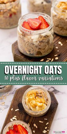 overnight oats in glass jars with strawberries on top