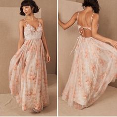 two pictures of a woman wearing a dress with flowers on it and the back of her dress is open