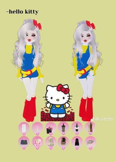 the hello kitty doll is standing next to other dolls