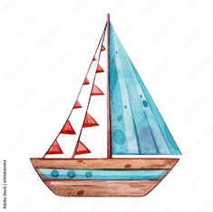 a watercolor painting of a sailboat with blue and red sails on the front