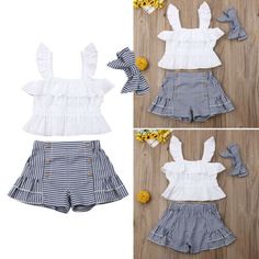 Toddler Kids Baby Girl Clothes Tank top Shorts Pants Summer 3PCS Outfits Set White Two-piece Set For Summer, White Cotton Sets With Ruffles, White Cotton Ruffled Sets, White Ruffled Cotton Sets, Cotton Matching Outfits For Summer, Summer Matching Cotton Outfit Sets, Summer Cotton Matching Outfits Sets, White Ruffled Summer Sets, White Matching Set For Spring