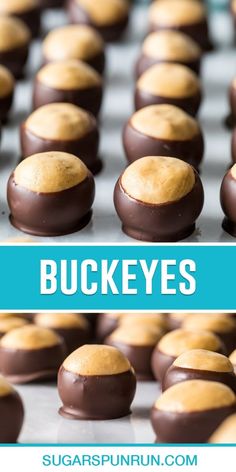 chocolate covered cookies with the words buckeyes on top in blue and white overlay