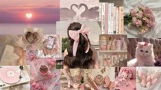 there is a collage with pink and white items in the background, including shoes, hats, books, flowers, candles, and other things