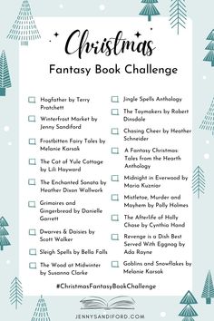 the christmas fantasy book challenge is shown in blue and white with snowflakes on it