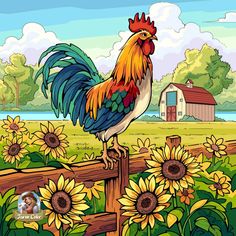 a rooster standing on top of a fence next to sunflowers