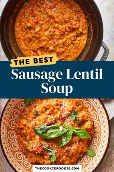 the best sausage lentil soup in a skillet with basil leaves and parsley on top