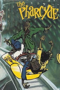 an advertisement for the pharcyde featuring two men riding on a banana boat