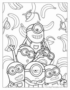 a coloring page with three minion characters in front of bananas