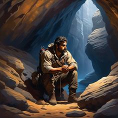 a painting of a man sitting in the middle of a cave with his hands on his knees