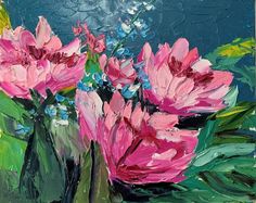 a painting of pink flowers on a blue background