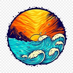 an image of the ocean with waves and mountains in the background, drawing, illustration png