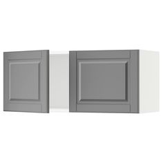 a gray and white wall mounted cabinet with two doors