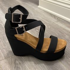 Brand New! Only Worn Once; Black Strappy Wedges; Size 6; Two Silver Buckles Casual Black Wedge Sandals With Buckle Closure, Casual Black Wedge Sandals With Buckle, Black Synthetic Wedge Sandals With Buckle Closure, Black Strappy Wedges, Strappy Wedges, Shoes Brand, Womens Shoes Wedges, Shoe Brands, Charlotte Russe