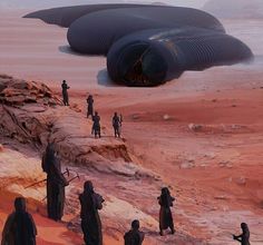 an artist's rendering of some people walking in the desert near a large object