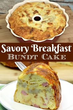 savory breakfast bundt cake with ham and cheese in the middle on a white plate