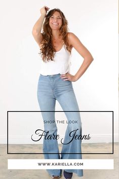 Update your fall wardrobe with these cool flare pants! Super high-rise bell bottom jeans for women with a raw hemline bottom allowing you to cut the hem for the perfect length. #kariella #pantspattern #pantsdesign #pantsoutfit #pantsforwomen #jeansoutfit #jeansstyle #summerjeansoutfit  #jeans #flarejeans #bellbottomjeans Spring Flares With Frayed Hem, Casual Flare Pants With Frayed Hem, Trendy Medium Wash Flares For Fall, Trendy Fall Flares In Medium Wash, Trendy Medium Wash Fall Flares, Summer Flare Jeans With Frayed Hem, Trendy Cotton Flares With Frayed Hem, Spring Flared Hem Jeans With Frayed Edge, Chic Denim Flares For Spring