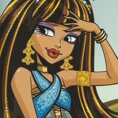 a cartoon character with long hair and blue dress holding her hands up to her head