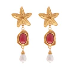 Our Marisol Earrings feature handcrafted 24K gold-plated starfish shapes that evoke the enchanting beauty of the ocean. Adorning the bottom of each earring are coral resin accents and delicate white pearls, reminiscent of treasures washed ashore. With convenient clip-on backs, these earrings offer both style and comfort, allowing you to effortlessly elevate any ensemble with a touch of coastal sophistication. All jewelry is handcrafted and made to order in our New York City design studio. Please Elegant Handmade Starfish Earrings, Gold Elegant Earrings With Starfish Charm, Elegant Yellow Gold Starfish Charm Earrings, Elegant Gold Earrings With Starfish Charm, Elegant Yellow Gold Earrings With Starfish Charm, Gold Pearl Drop Earrings With Ocean-inspired Style, Beachy Necklace, Washed Ashore, Coastal Elegance