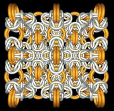 an abstract design with gold and silver links in the middle, on a black background