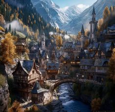 a painting of a town with mountains in the background and water flowing from it's sides