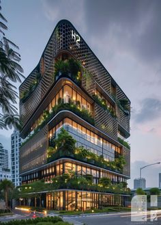 a tall building with lots of plants on the top and bottom floor, surrounded by greenery