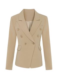 Fabric / Material: Cotton, Polyester Notched Collar Long Sleeves Double Breasted Fully Lined Metal Buttons Our Style No. ZC-10102 Double Blazer, Khaki Blazer, Womens Jackets Casual, Beige Blazer, Blazer Beige, Outer Wear, Blazer Designs, Star Style, Double Breasted Jacket