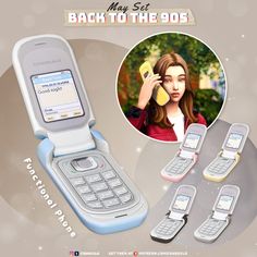 an old cell phone has been designed to look like a woman with three phones in front of her